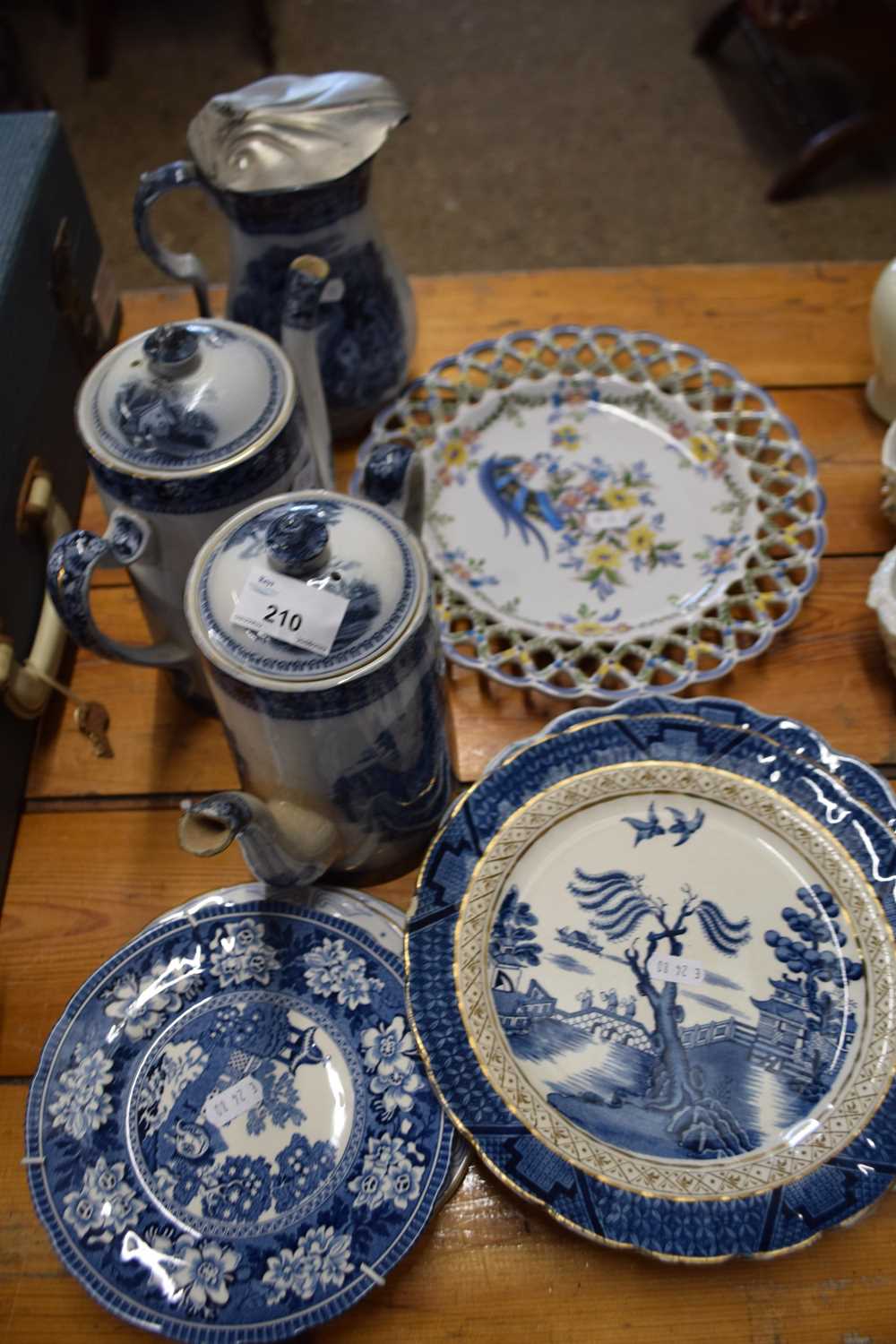 BOOTHS WILLOW PATTERN PLATES, BLUE AND WHITE TEA POT, PEWTER LIDDED JUG ETC