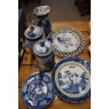 BOOTHS WILLOW PATTERN PLATES, BLUE AND WHITE TEA POT, PEWTER LIDDED JUG ETC