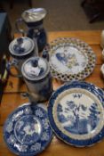 BOOTHS WILLOW PATTERN PLATES, BLUE AND WHITE TEA POT, PEWTER LIDDED JUG ETC