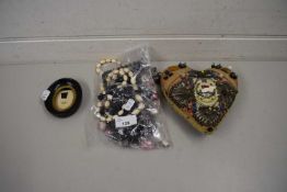 VARIOUS COSTUME JEWELLERY, A SWEETHEART PIN CUSHION MARKED 'MIDDLESEX REGIMENT' AND A SMALL EBONISED