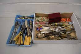 LARGE BOX OF SILVER PLATED STEEL AND OTHER CUTLERY