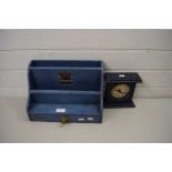 BLUE PAINTED LETTER RACK AND A BATTERY OPERATED CLOCK (2)