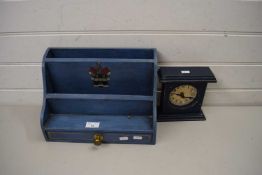 BLUE PAINTED LETTER RACK AND A BATTERY OPERATED CLOCK (2)