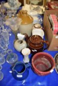 BROWN GLAZED TEA POTS, CHERUB DECORATED VASE, UNBRANDED STONEWARE FLAGON, GINGER JAR AND OTHER