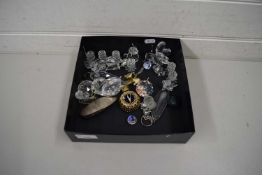 COLLECTION OF SWAROVSKI CRYSTAL ANIMALS, SMALL BLUE GLASS SCENT BOTTLE AND OTHER ITEMS