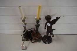 PAIR OF SILVER PLATED CANDLESTICKS CONVERTED TO TABLE LAMPS, TOGETHER WITH A SMALL BRONZE CHERUB