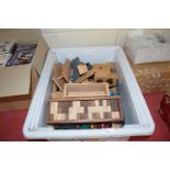 BOX OF WOODEN TOY RAILWAY ITEMS PLUS VARIOUS RELATED LOCOMOTIVES AND ROLLING STOCK