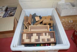 BOX OF WOODEN TOY RAILWAY ITEMS PLUS VARIOUS RELATED LOCOMOTIVES AND ROLLING STOCK