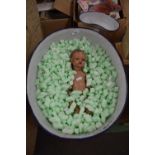 VINTAGE ENAMEL BABY'S BATH, TOGETHER WITH A VINTAGE CELLULOID DOLL