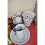 VINTAGE WHITE ENAMEL WARES TO INCLUDE JUG AND BOWL SET