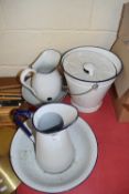 VINTAGE WHITE ENAMEL WARES TO INCLUDE JUG AND BOWL SET