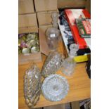 DECANTERS, GLASS DISHES ETC