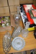 DECANTERS, GLASS DISHES ETC