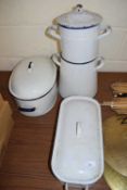 VINTAGE WHITE ENAMEL WARES TO INCLUDE TWO FISH KETTLES AND A TEA URN