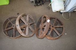 SIX SMALL IRON WHEELS, APPROX 30CM DIAM