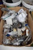 Box containing general kitchen ironmongery to include mixer taps, plugs, slotted basin waste etc