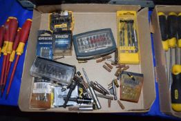 Box containing mixed drill bits by De Walt, Bosch etc