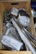 Box containing mixed chrome shower heads and shower risers, hoses etc