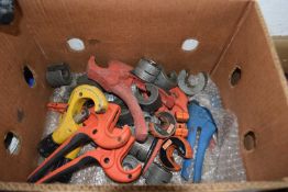 Box of mixed pipe cutters to include ratcheting pipe cutters, pipe slice tools etc