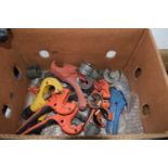 Box of mixed pipe cutters to include ratcheting pipe cutters, pipe slice tools etc