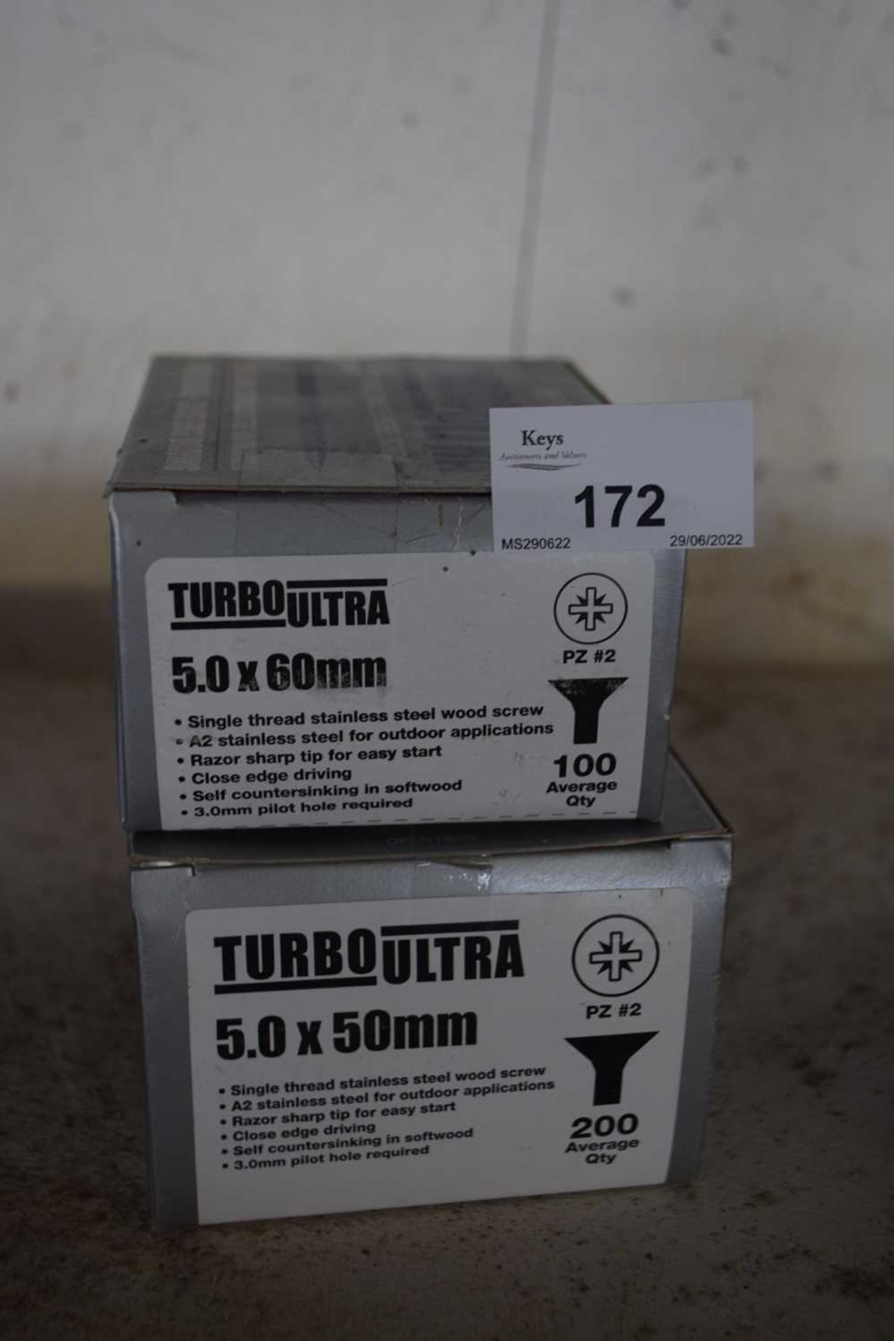 Two boxes of Turbo Ultra single thread stainless steel wood screws, one box 5 x 60mm, the other 5
