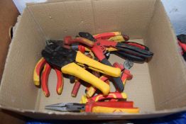 Box containing various pliers, wire cutters, strippers etc