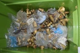 Box containing quantity of brass connectors to include brassgate pump valves, T branch reduced etc