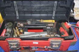 Toolbox and contents, wire brushes, pipe cutters, adjustable spanners etc