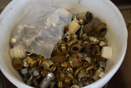 Bucket containing mixed brass and copper fittings to include T junctions, straight joints and