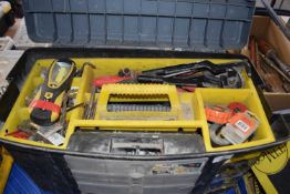 Toolbox and contents, pipe cutters, hole saw, fuses etc