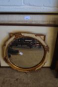 CIRCULAR MIRROR IN SHAPED FRAME, WATERCOLOUR AND OTHER PICTURES