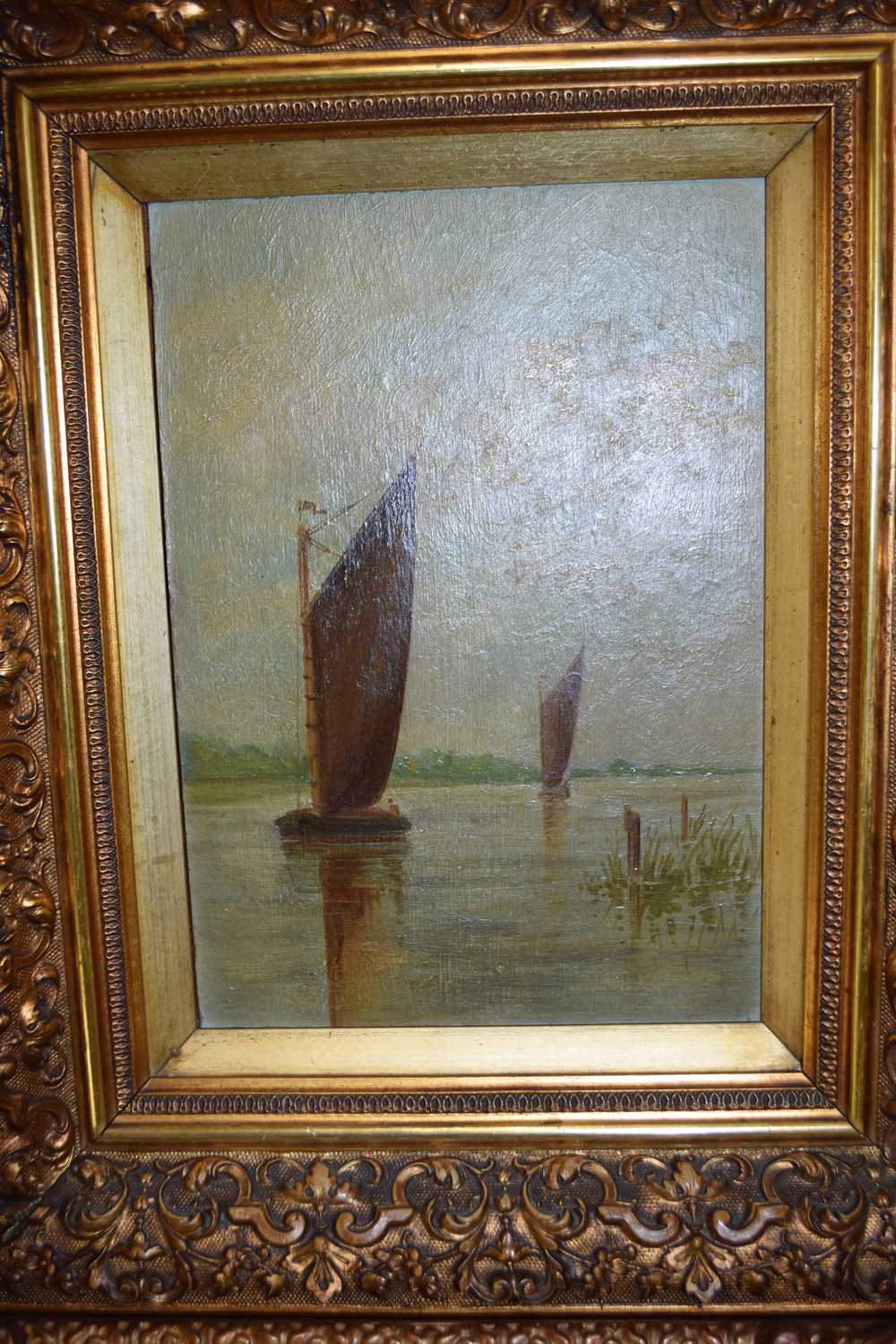 PAIR OF OILS ON BOARDS OF NORFOLK WHERRIES, BY FATHER OF EDWARD A COBBETT (2) - Image 3 of 3