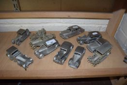 COLLECTION OF PEWTER MODEL CARS INCLUDING A PHANTOM, SILVER GHOST ETC