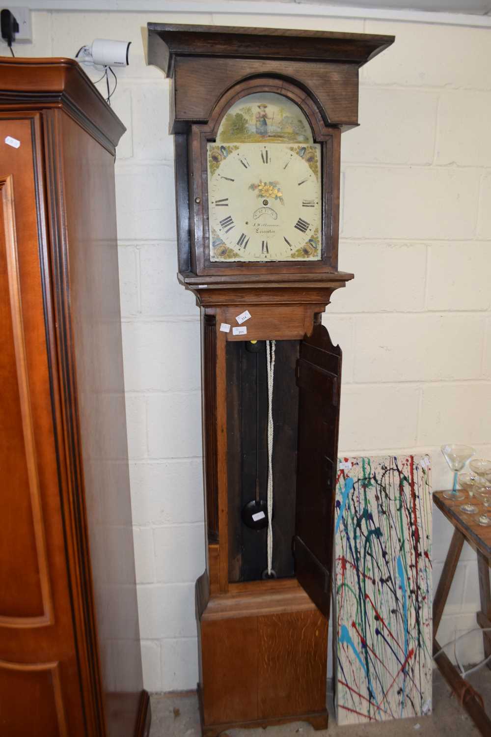 LONGCASE CLOCK WITH OAK CASE AND PAINTED DIAL SIGNED J WILKINSON, LEICESTER (A/F)