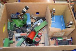 BOX OF VARIOUS MAINLY MODEL RAILWAY ACCESSORIES AND MOTOR RACING ACCESSORIES, TRAFFIC LIGHTS, TRAINS