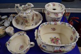 IRONSTONE CHINA WARES, LARGE JUG AND BOWL, LARGE DISH, CHAMBER POT, LARGE BOWL AND COVER WITH WICKER