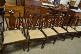 SIX DINING CHAIRS WITH SHIELD BACKS, INCLUDING TWO CARVERS