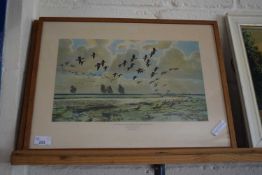 PRINTS BY PETER SCOTT OF PINK FOOTED GEESE AND TEAL ON A GREY MORNING
