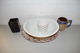 LARGE CERAMIC BOWL AND OTHER CERAMIC SERVING DISHES AND A DEWARS PUB JUG