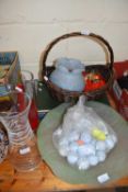 TWO STUDIO GLASS VASES TOGETHER WITH A LARGE GLASS BOWL, BAG OF GOLF BALLS, GLASS LAMP SHADE ETC