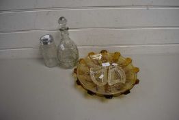 LATE 19TH CENTURY CARAFE AND GLASS SUGAR SHAKER TOGETHER WITH TWO GLASS DISHES