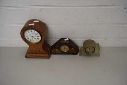 THREE VICTORIAN/EDWARDIAN MANTEL CLOCKS, ONE WITH PAINTED DECORATION, ONE WITH INLAY (3)