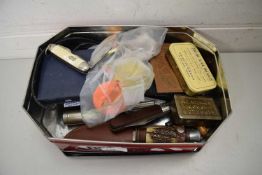 TIN CONTAINING SMALLER VINTAGE TINS, RAZORS, PEN KNIVES, ONE BY RICHARDS, SHEFFIELD, AND A FURTHER