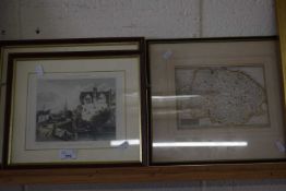 TWO COLOURED ENGRAVINGS, BISHOPS BRIDGE AND STREET, NORWICH, AND A MAP OF NORFOLK (3)