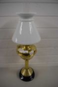BRASS OIL LAMP WITH OPAQUE WHITE GLASS SHADE AND CHIMNEY