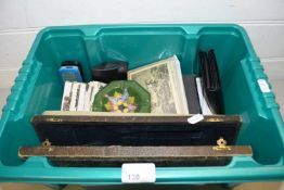 BOX CONTAINING POSTCARDS, LEATHER WALLET, SMALL MOORCROFT ASHTRAY WITH TUBE LINED FLORAL DECORATION