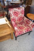 VICTORIAN ARMCHAIR WITH RED FLORAL PRINT UPHOLSTERY