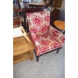 VICTORIAN ARMCHAIR WITH RED FLORAL PRINT UPHOLSTERY