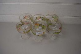 SIX DESSERT GLASSES DECORATED WITH FRUIT