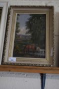 OIL ON PANEL OF LANDSCAPE SCENE WITH HORSES GRAZING, INDISTINCTLY SIGNED LOWER LEFT